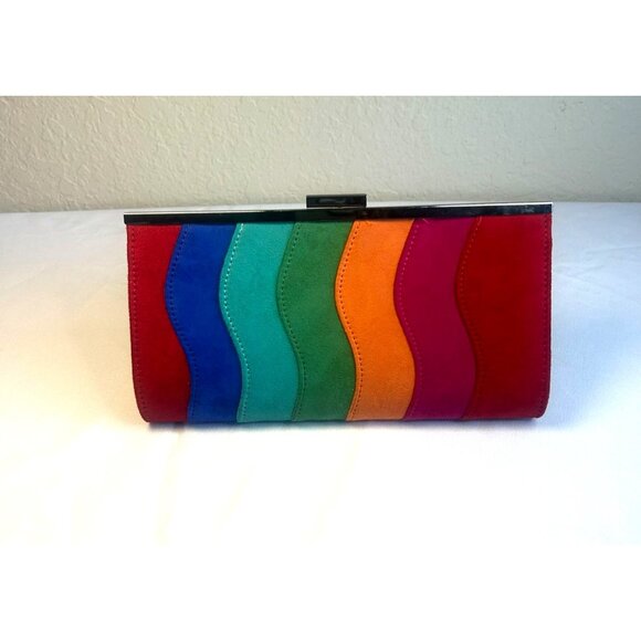 Rainbow Wave-Striped Shoulder Clutch Purse Handbag Multi Color Suede - Picture 5 of 5